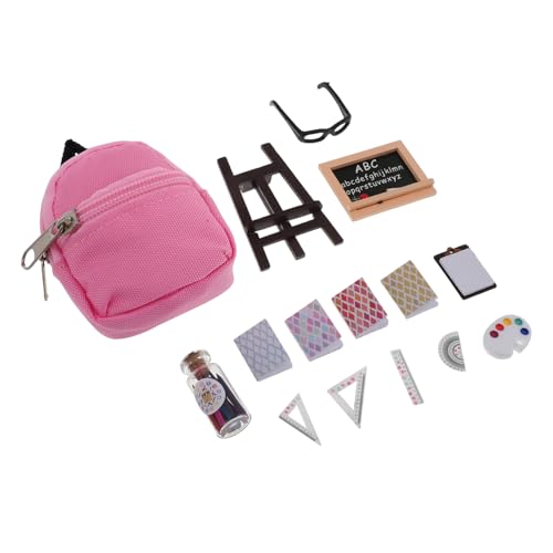 CIYODO 16 Stück Maßstab Langlebiges Puppenhaus Schulbedarf mit Tafel Lineal Büchern Papier Mini Rucksack für Puppen Tragbares Lernspielzeug von CIYODO