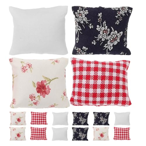CIYODO 16 Stück Miniatur Sofakissen Dekorative Miniaturkissen für Puppenhaus Zubehör DIY Basteln Weiß Blau Rot Kariert von CIYODO