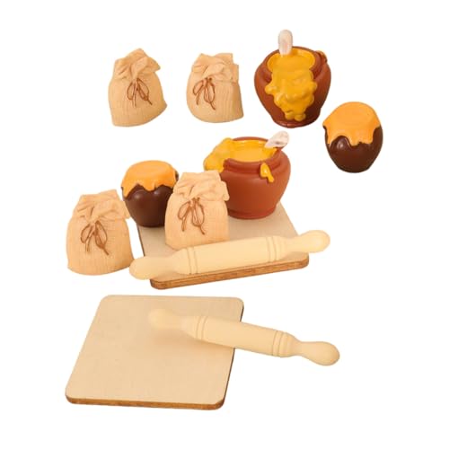 CIYODO 2 Satz Puppenhaus Backzubehör Miniatur Küchenwerkzeuge aus Holz und Harz Realistisches Spielset mit Teigrolle Honigglas und Mehlsack für Puppenhausdekoration Fotorequisiten und von CIYODO