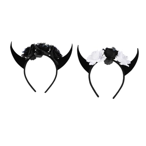 CIYODO 2 Stück Halloween Teufelshörner Haarreif mit Blumen und Totenkopf Teiliges Leichtes Party Horn Haarband für Damen Bequemes Kostümzubehör für Halloween und Festlichkeiten von CIYODO
