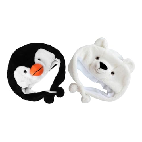 CIYODO 2 Stück Plüsch Tiermützen Pinguin Eisbär Elastisch Kuschelig Warm Lustige Beanies Für Halloween Weihnachten Cosplay Party von CIYODO