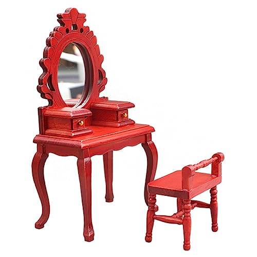 CIYODO 2 Stück Puppenhaus Holzmöbel Miniatur Schminktisch und Hocker Rot Teiliges Vintage Puppenmöbel Zubehör für DIY Zimmerdekoration von CIYODO