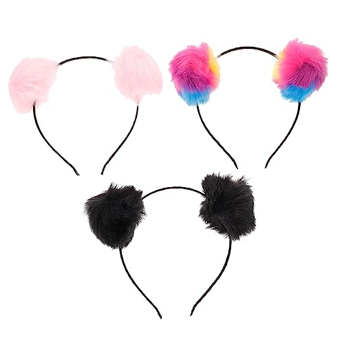 CIYODO 3 Stück Flauschige Haarreife mit Pompons und Katzenohren Niedliche Kopfbedeckung für Geburtstag Cosplay und Party Buntes Haarschmuck Accessoire für Mädchen von CIYODO