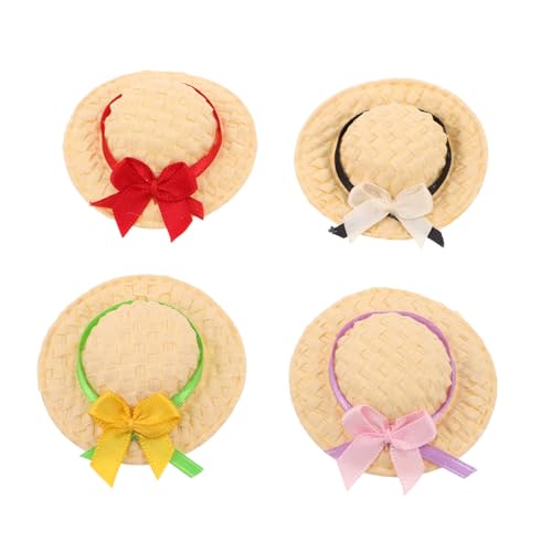 CIYODO 4 Stück Teiliges Mini Strohhalm Hüte Handgefertigt für Bastelprojekte Dollhouse Dekoration Vielseitige Kleine Puppenhüte in Rot Creme-Gelb Grün für Kreative DIY Accessoires von CIYODO