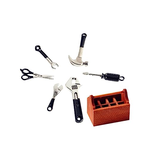 CIYODO 7 Stück Teiliges Mini Werkzeugset mit Hammer und Schraubenschlüssel Langlebige Legierungsornamente Holz Werkzeugkasten für Puppenhaus Leicht Tragbar Dekoratives Zubehör für von CIYODO