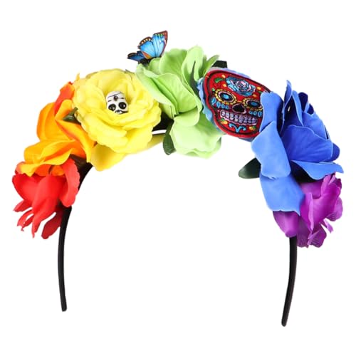 CIYODO Halloween Haarreif mit Rosenblumen und Totenkopf Farbiger Party Kopfschmuck für Damen Mexikanischer Stil Robustes Material für Halloween Festivals und Kostümpartys von CIYODO