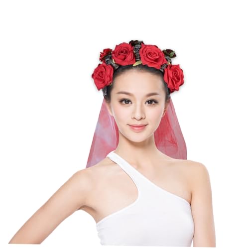 CIYODO Halloween Skull Haarschmuck mit Roter Rosenblüte Leichter Cosplay Haarreif für Damen und Mädchen Bequemer Kopfschmuck für Tag der Toten und Halloween Kostüm von CIYODO