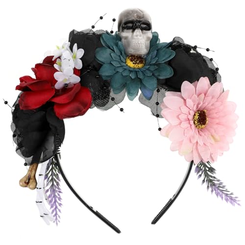 CIYODO Halloween Stirnband mit Farbiger Täuschend Realistischer Stoffblume und Totenkopf Design Eleganter Kopfschmuck für Party Karneval Halloween und Festliche Anlässe Angenehm zu Tragen von CIYODO