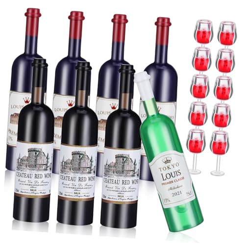 CIYODO Miniatur Rotweinflaschen Set Für Puppenhaus 4 Blaue Und 3 Schwarze Flaschen 1 Grüne Flasche 10 Weingläser Aus Spielzeugflaschen Für Kreative Rollenspiele Und von CIYODO