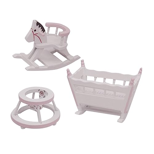 CIYODO Miniatur Puppenhaus Möbelset Teilig Holz Kinderzimmer Möbel mit Krippe Schaukelpferd und Lernwagen für Puppenhaus Zubehör Jungen Mädchen von CIYODO