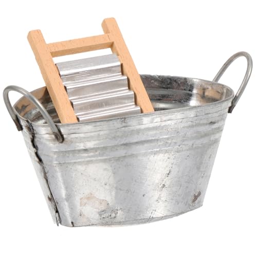 CIYODO Miniatur Puppenhaus Zubehör Teiliges Set Zinkwanne und Waschbrett aus Metall und Holz Dekoratives Miniaturmodell für Puppenhaus Innenraum Detailreiches DIY Wohnaccessoire von CIYODO