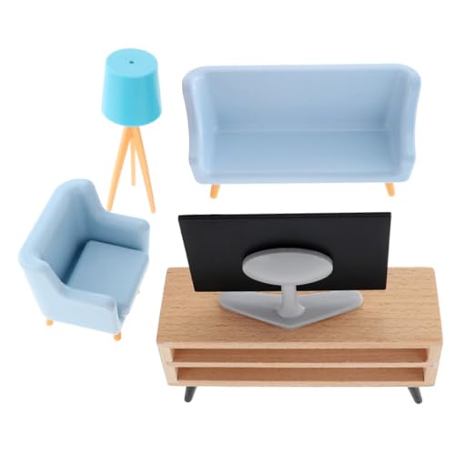 CIYODO Miniatur Puppenhausmöbel Teilig Realistische Handgefertigte Wohnzimmer Deko mit Mini Tv Weißem Tv Schrank Blauem Tischlampen und Hellblauem Sofadesign Puppenhaus Dekoration von CIYODO