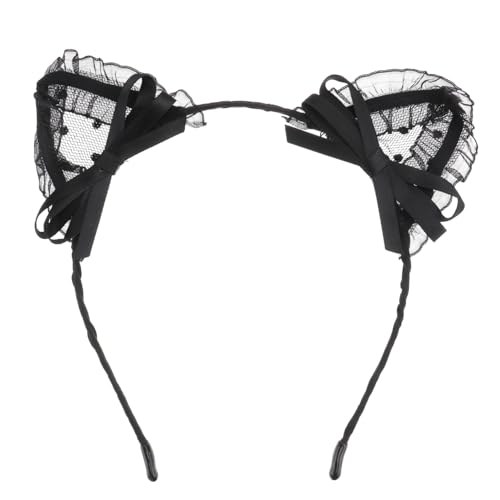 CIYODO Netzspitzen Katzenohren Haarreif Schwarz Elastisches Cosplay Haarband mit Schleife Charmante Deko für Kostüm Mottoparty und Maskerade Geeignet für Mädchen und Damen von CIYODO
