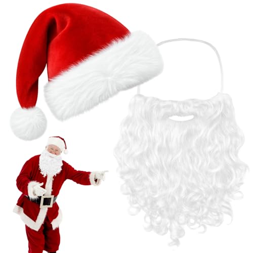CJAPGJW 2-teiliges Weihnachtsmann Kostüm Set, Weihnachtsmütze und Bart, für Weihnachtsfeiern und Kostümveranstaltungen, passend für Erwachsene von CJAPGJW