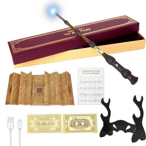 CJBIN Elderstab Harry Potter, Dumbledore Zauberstab mit Licht, USB Aufladung Harry Potter Elderstab, Zauberstab Dumbledore in Geschenkbox mit Karte, Stationsticket, Landkarte, und Halter von CJBIN