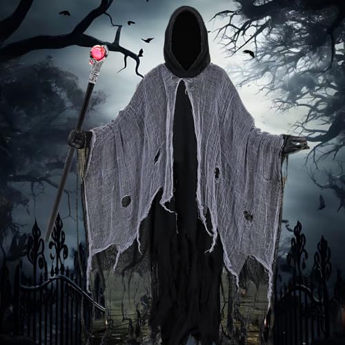 CJBIN Halloween Geister Umhang, Halloween Geister Kostüm, Gei-ster Sensenmann Kostüm, Gruselig Umhang mit Kapuze und Zepter, Hallo-ween Geisterkostüme für Herren Damen Karneval Hallo-ween Rollenspiel CJBIN Halloween Geister Umhang, Halloween Geister Kostüm, Gei-ster Sensenmann Kostüm, Gruselig Umhang mit Kapuze und Zepter, Hallo-ween Geisterkostüme für Herren Damen Karneval Hallo-ween Rollenspiel von CJBIN