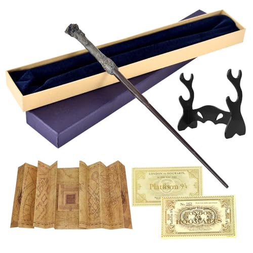 CJBIN Harry Potter Zauberstab, 39CM Harry Potter Stab aus Harz und Stahlkern, Deluxe Zauberstab Harry Potter, Harry Potter Magic Wand Geschenkbox mit Landkarte, Fahrkarte und Zauberstabhalter Schwarz von CJBIN