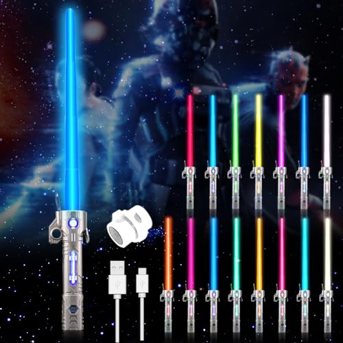 CJBIN Laserschwert Kinder, 15 Farben Star Wars Lichtschwert, Laserschwert Star Wars Led Lightsaber Lichtschwerter Mit Licht Und Sound, 2 In 1 Einziehbares Laserschwert für Kinder(Silberfarbener Griff) von CJBIN