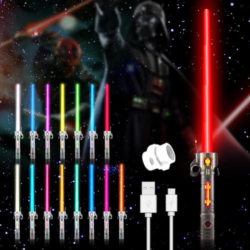 CJBIN Laserschwert Kinder, 15 Farben Star Wars Lichtschwert, Laserschwert Star Wars Led Lightsaber Lichtschwerter Mit Licht Und Sound, 2 In 1 Einziehbares Laserschwert für Kinder (Schwarzer Griff) von CJBIN