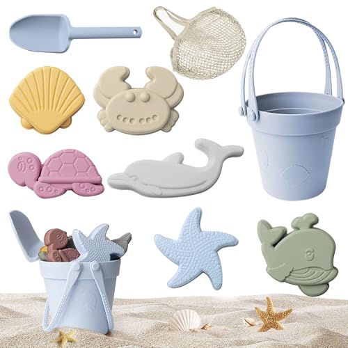 CJBIN Sandkasten Spielzeug, 8 Stück Sandspielzeug Set aus Silikon, Strandspielzeug mit Eimer, Spaten, Tiermodelle und Maschenbeutel, Sandschaufel Kinder für Jungen und Mädchen, Outdoor und Geschenke von CJBIN
