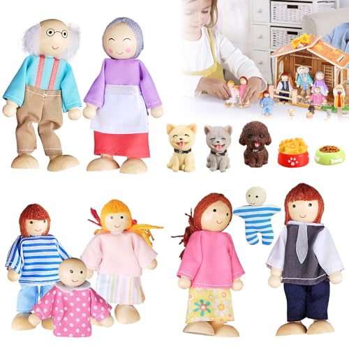 Puppenhaus Puppen, CJBIN 13 Stück Puppenhaus Figuren, Biegepuppen, Puppen für Puppen-Haus Familie mit Hund und Hundeschüssel, Hölzerne Puppenfamilie für Puppen-Haus Zubehör Geschenk von CJBIN