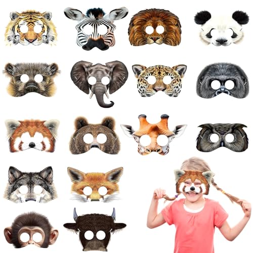CLDURHGE Patrol Masken Kinder 16 Stück Cartoon Tiermasken Papier, Safari Tier Gesichtsmasken, Wildtiere, Dschungel und Zoo-Tiermasken, Tierische Party-Dekoration für Geburtstagsfeiern von CLDURHGE