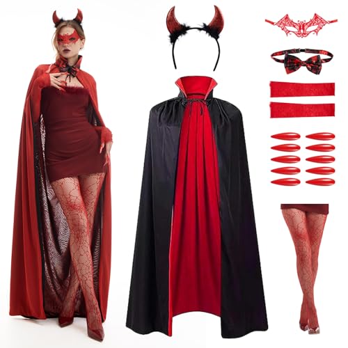CLDURHGE Teufelskostüm für Damen, Renaissance-inspiriertes Halloween-Umhang-Set mit Hörnern, Spitzenmaske, Schwanz, Netzstrumpfhose und Zubehör für Maskerade, Cosplay, Partykleidung CLDURHGE Teufelskostüm für Damen, Renaissance-inspiriertes Halloween-Umhang-Set mit Hörnern, Spitzenmaske, Schwanz, Netzstrumpfhose und Zubehör für Maskerade, Cosplay, Partykleidung von CLDURHGE