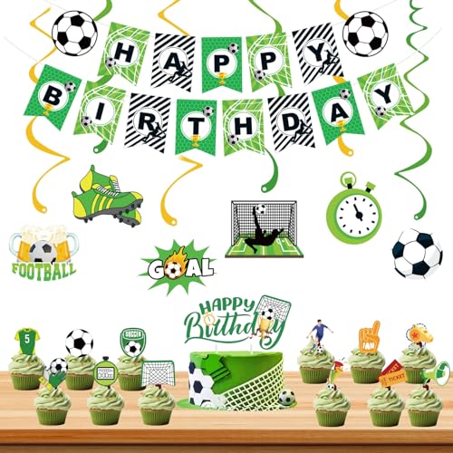Fußball Geburtstag Dekoration Set – 1 "Happy Birthday" Banner + 6x Fußball Spiralen, 12 Kleine Fußball Kuchen Deko, 1 Große Kuchen Deko – Perfekt für Fußball-Themengeburtstag, Grün/Weiß Fußball Geburtstag Dekoration Set – 1 "Happy Birthday" Banner + 6x Fußball Spiralen, 12 Kleine Fußball Kuchen Deko, 1 Große Kuchen Deko – Perfekt für Fußball-Themengeburtstag, Grün/Weiß von CLDURHGE