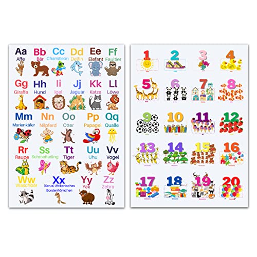 ABC Poster und Zahlen Lernposter DinA2 Set für Grundschüler - Alphabet und Zahlen von 1 bis 20 Lernen mit Zwei großen 42,0 x 59,4cm Poster für´s Kinderzimmer - Kinderposter Grundschule von CLEAN SPORTS