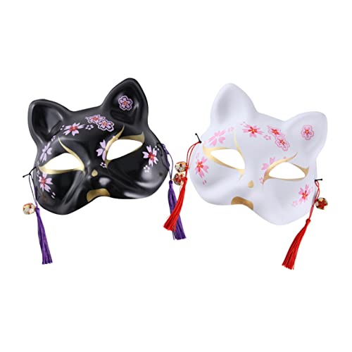 CLISPEED 2 Stück Handbemalte Japanische Katzenmasken Halloween Kostüm Maske mit Glocken und Quasten Party Requisiten für Karneval Maskerade Tanz und Cosplay von CLISPEED