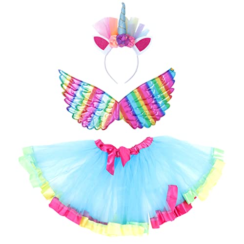 CLISPEED Einhorn- Kostüm für Mädchen Regenbogen- Tüllrock mit Einhorn- Stirnband Feenflügel Kindergeburtstags- Outfit Regenbogenkleid für Halloween- Tanzparty- Geburtstagsgeschenk von CLISPEED