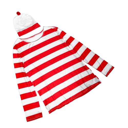 CLISPEED Halloween Kostüm Gestreiftes Rotes Weißes mit Beanie Mütze Lustiges Cosplay Outfit für Männer Frauen Atmungsaktiv Langlebig Wiederverwendbar von CLISPEED