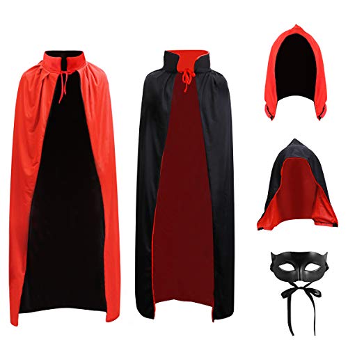 CLISPEED Halloween Vampir Kostüm Cape Cosplay Outfit Stehkragen Erwachsenen Mantel Prop mit Maske und Abnehmbarer Kapuze für Halloween Maskerade Weihnachten, Schwarz + Rot, 140CM von CLISPEED