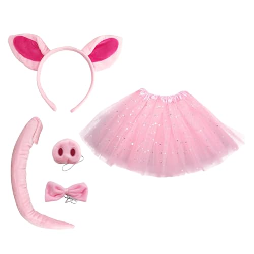 CLISPEED Kuscheliges Schweinchen Cosplay Set für Ohren Haarreif Rosa Tüllrock Schweineschwanz und Nasenrequisite Leichtes Party und Bühnenkostüm für Tier Mottopartys und Fotoshootings von CLISPEED