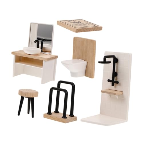 CLISPEED Miniatur Möbel aus Kunststoff und Holz Dusche Waschbecken Toilette Hocker Handtuchhalter und Mini Realistisches Badezimmer Zubehör für Puppenhaus Dekoration von CLISPEED