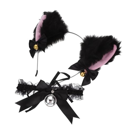 CLISPEED Plüsch Katzenohren Stirnband und Glocken Halsband Weiches Tierohren Haarreif Party Accessoire für Mädchen Cosplay Kostüm für Halloween und Fasching von CLISPEED