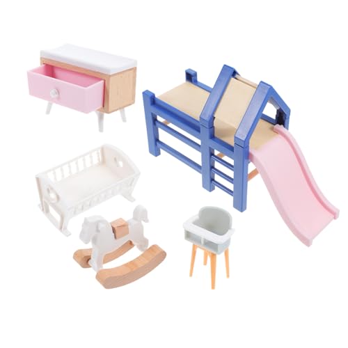 CLISPEED Puppenhaus Möbel Teilig Miniatur Babybett Slide Holzpferd Hocker Weiche Farben Sichere Glatte Oberfläche für Kinderzimmer Vorschule und Spielbereiche von CLISPEED
