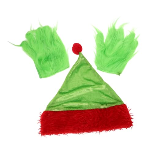 CLISPEED Santa Mütze und Grüne Flauschige Handschuhe Monster Kostüm Zubehör Weihnachts und Halloween Cosplay Festliche Accessoires von CLISPEED