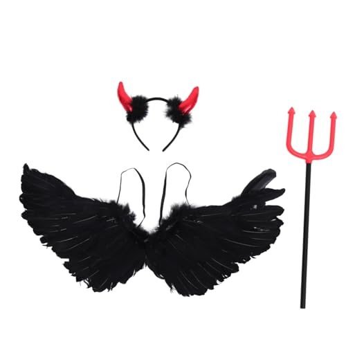 CLISPEED Teufel Kostüm Teilig Halloween Teufelshörner Haarreif mit Schwarzen Flügeln und Cosplay Party Zubehör Elastisch Leicht für Damen Herren von CLISPEED