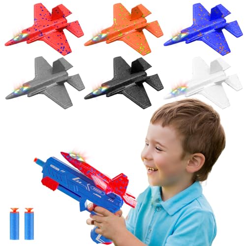 CLIUNT 6 Stücke Flugzeug Spielzeug,Wurfgleiter Styroporflieger mit Katapult Pistole & LED,mit 7 Aufkleber,Outdoor Spielzeug Geschenke ab 6 Jahre Jungen von CLIUNT