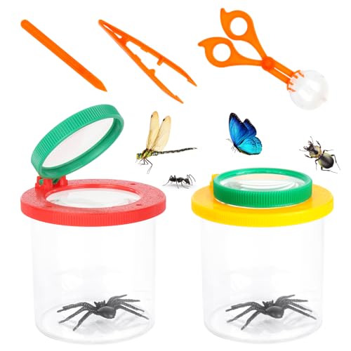 CLIUNT Becherlupe Lupenbecher Set, 2 Stück Becherlupen für Kinder, Insekten Viewer, Lupendose mit Pinzette, Insekten Beobachtungsbox, für Outdoor Wissenschaft Natur Erkundung (Rot+Gelb) von CLIUNT