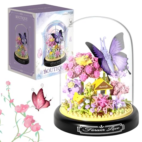 CLIUNT Blumen Bausteine Set, Schmetterlings Blumenstrauß Micro Mini Baustein Set, Blumen Insekten klemmbausteine Bausteine mit Staubdichte Kuppel Und Sockel, Geschenk für Mama Freundin (582 PCS) von CLIUNT