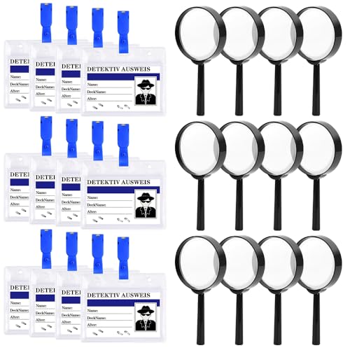 CLIUNT Detektive Lupe Set for Kinder, 12 x Detective Lupen Spielzeug und 12 x Detektivausweis Ausweise mit Clip, Lupen mit Detektivausweis Ausweise und Clip, für Forscher Detektiv Rollenspiel Zubehör von CLIUNT