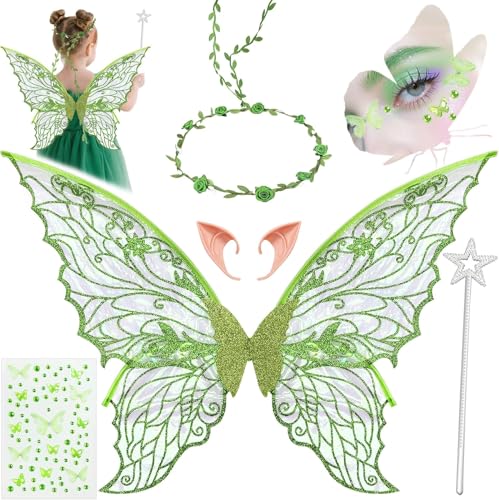 CLIUNT Feenflügel Erwachsene, Feenflügel Kostüm, Schmetterlingsflügel Feen Kostüm Damen, Elfenflügel mit Elfenohren Blumenkranz, Feen Flügel für Karneval Halloween Weihnachten(Grün) von CLIUNT