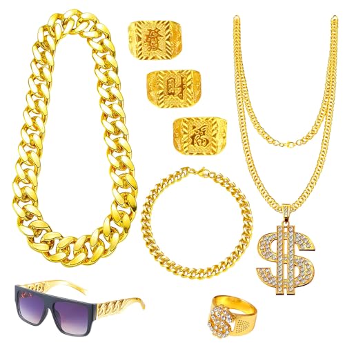 CLIUNT Hip Hop Kostüm Set, 8 Stück Hip Hop Kostüm Kit, 80er/90er Rapper-Accessoires, mit Gold ring Ketten Sonnenbrille, Dollar Halskette für Cosplay Karneval Fasching Mottoparty von CLIUNT
