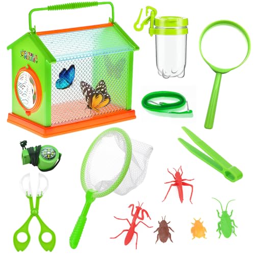 CLIUNT Insekten Forscherset Kinder, 14-teiliges Insekten Beobachtungsbox, Insekten Sammelbox, mit Insektenfänger, Lupe, Pinzetten, Geschenk für Kinder Camping, Natur Erforschen von CLIUNT