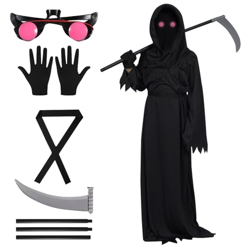 CLIUNT Sensenmann Halloween Kostüm Kinder, 6PCS Halloween Kostüm Kinder Jungen, Halloween Sensenmann Kostüm, mit Sicheln, Handschuhe, Gläser, für Cosplay, Halloween Dekoration, XL(12–14 Jahre) CLIUNT Sensenmann Halloween Kostüm Kinder, 6PCS Halloween Kostüm Kinder Jungen, Halloween Sensenmann Kostüm, mit Sicheln, Handschuhe, Gläser, für Cosplay, Halloween Dekoration, XL(12–14 Jahre) von CLIUNT