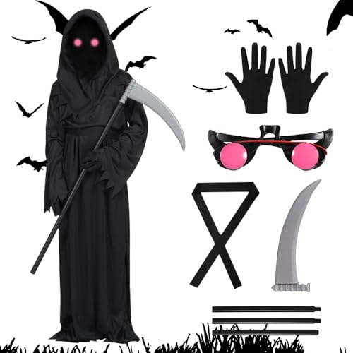 CLIUNT Kinder Sensenmann Kostüm, Sensenmann Halloween Kostüm, Halloween Sensenmann Cosplay Set, mit Sicheln, Handschuhe, leuchtende Gläser, für Cosplay, Halloween Dekoration, Karneval Mottoparty, M CLIUNT Kinder Sensenmann Kostüm, Sensenmann Halloween Kostüm, Halloween Sensenmann Cosplay Set, mit Sicheln, Handschuhe, leuchtende Gläser, für Cosplay, Halloween Dekoration, Karneval Mottoparty, M von CLIUNT