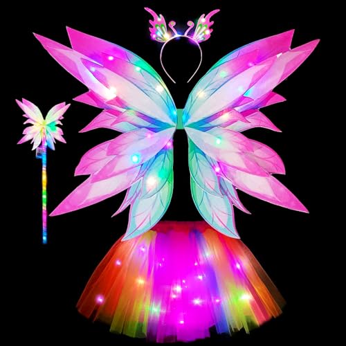 CLIUNT Leuchtend Feenkostüm Mädchen mit 50cm Feenflügel Schmetterlingsflügel,LED Tutu Tüllrock Haarreif Zauberstab, für Karneval Cosplay Geburtstag Party von CLIUNT