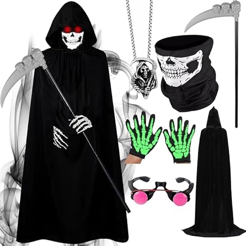 CLIUNT Sensenmann Kostüm Kinder,Unisex Halloween Kostüm, Umhang mit Kapuze,Sensenmann Umhang mit Teufel Umhang Sense Maske,Jungen Mädchen Mittelalter Umhang Schwarz Cosplay kostüm Samt Kapuzenumhang von CLIUNT